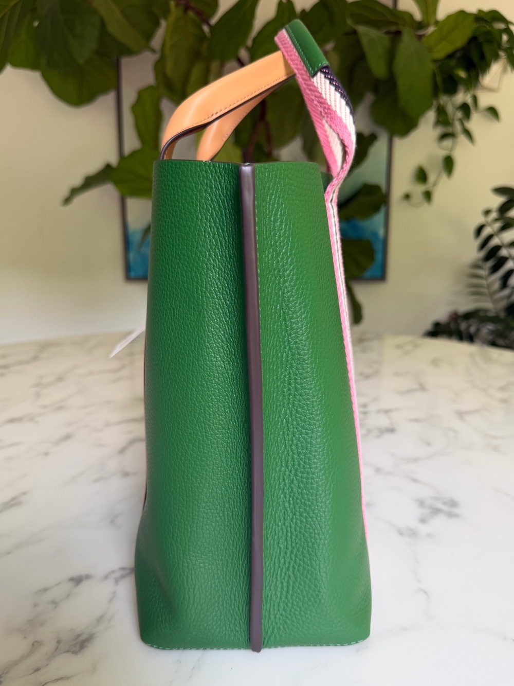 NWT Tory Burch Perry Multi Stripe Leather Triple Compartment Tote Arugula Green - Picture 5 of 16
